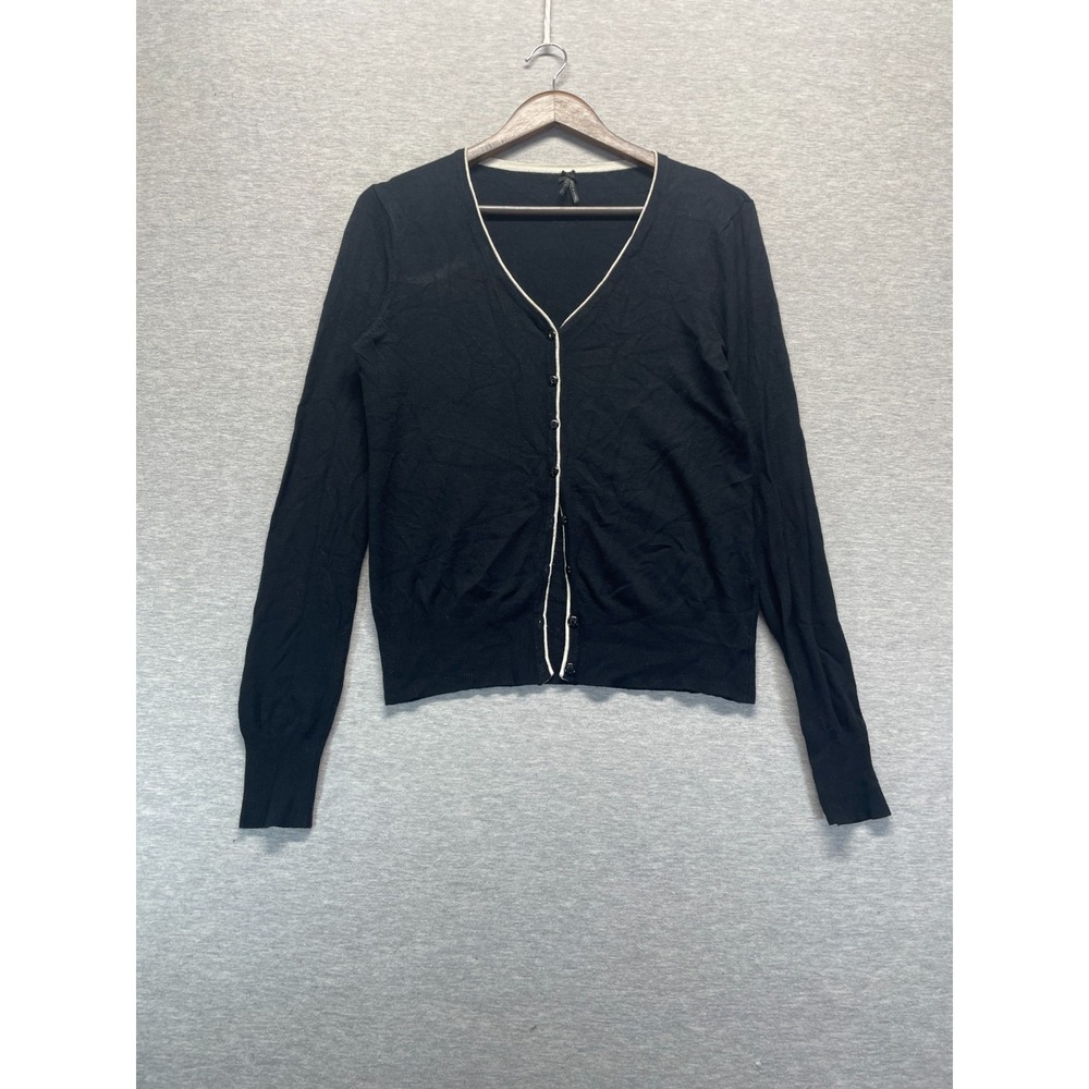 Lapis Cardigan Sweater Womens Large Black Viscose Button Front Ribbed Trim